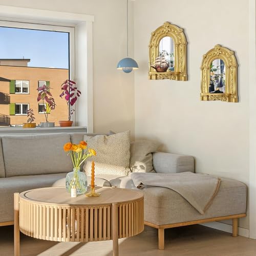 2 Set Vintage Candle Wall Sconce for Home Decor Living Room Bedroom Office Wood Antique Mirrored Victorian Mounted Candlestick Wall Holder Relief Hanging Decor -Gold 11.8in - Image 7