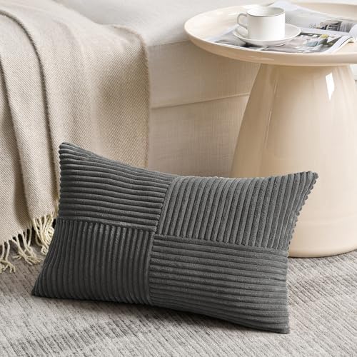 Fancy Homi 2 Packs Dark Gray Long Lumbar Decorative Throw Pillow Covers 12x24 Inch for Couch Bed Sofa, Rustic Farmhouse Boho Home Decor, Soft Striped Corduroy Rectangle Accent Cushion Case 30x60 cm - Image 2