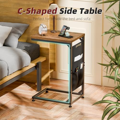 Simple Trending C Shaped End Table, Side Table TV Trays Set of 2 with Fabric Storage Bag, Couch Sofa Table for Living Room, Rustic Brown - Image 4