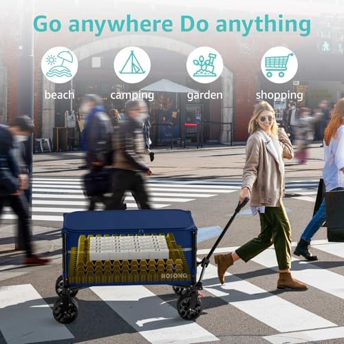 ROSONG Collapsible Wagon Cart with Wheels Foldable - Folding Utility Heavy Duty Wagons Carts for Grocery Sports Garden Shopping Camping Wheelbarrows (120L Dark Blue with Lid) - Image 2