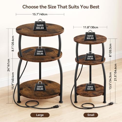 Round Side Table with Power Outlet, USB Type C Port, 3-Tier End Table - Image 3