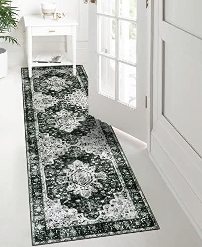Moynesa Ultra-Thin Washable Vintage Runner Rug - 2'6"x8 Hallway Runner Non-Slip Non-Shedding Stain Resistant Kitchen Mat Boho Oriental Medallion Laundry Carpet for Entrance Bedside, Black/White - Image 3