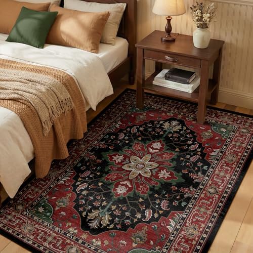 RELEANY Washable Area Rug, 3'x5', Red/Black by RELEANY