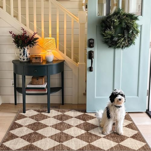 Brown Beige Checkered Entry Rug - 3x5 Non-Slip Indoor Outdoor Rugs - Image 7