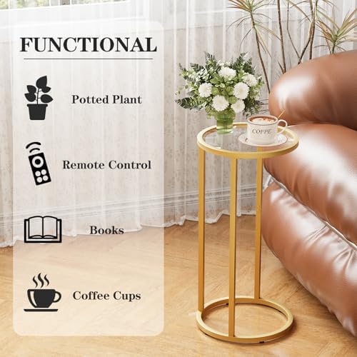 Easy Paws C Table Side End Table, Small Round Couch Sofa Tray Snack Table for Living Room, Bedroom,Accent Coffee Table,TV Tray Table for Small Space, Nightstand with Metal Frame(Gold) - Image 5