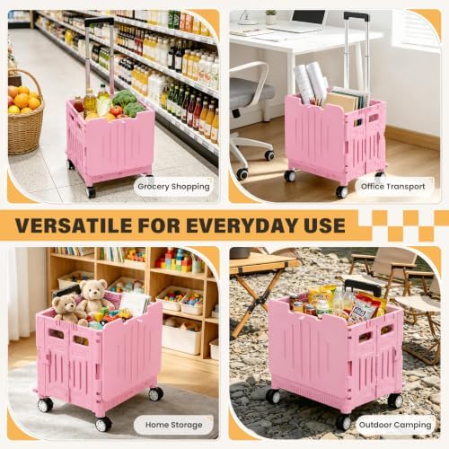 SUNALLY Folding Utility Cart Rolling Crate Handcart Shopping Trolley, Pink - Image 6