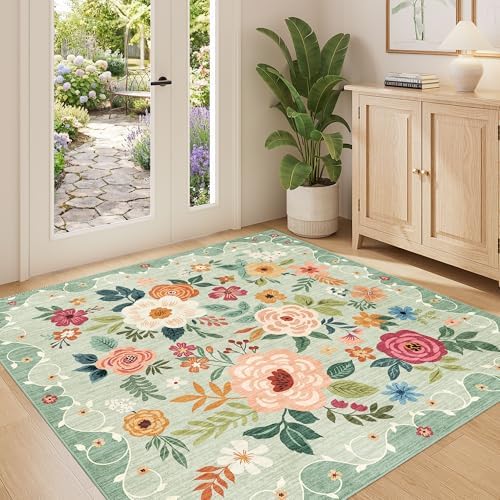 DUKINO 4x4 Square Area Rug, Soft Floral Washable Rug for Entryway, Green by DUKINO