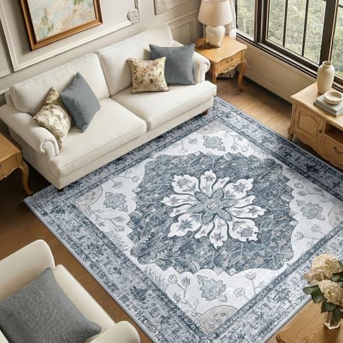 RELEANY Washable Area Rug, Square 6'x6', Grey/White/Beige by RELEANY