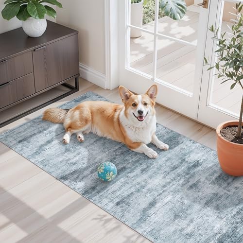 2x5 Non-Slip Washable Runner Rug – Modern Neutral Abstract Small Rug for Hallway, Kitchen, Bathroom, Bedroom, Entryway, Laundry Room – Thin Soft Low-Pile Rubber Backing (Blue Grey) by ZHXXUJ