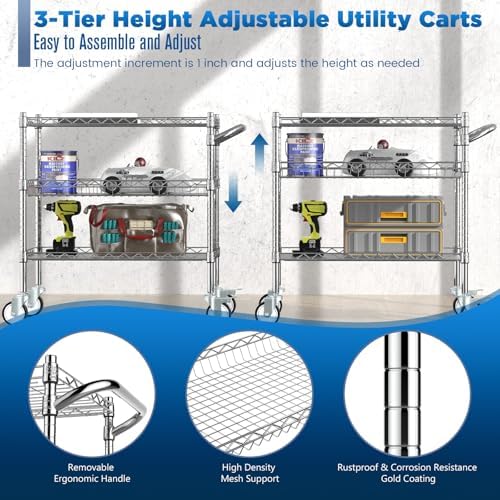 Leteuke 3 Tier Rolling Carts with Wheels, Heavy Duty Rolling Utility Cart - Image 3