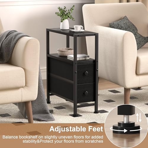 Small Narrow Side Table with Drawers, Skinny End Table for Small Spaces, Slim Nightstand with Storage, Sofa Bedside Table in Living Room, Bedroom, Study, Kitchen and Balcony (Black) - Image 4