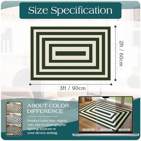 Front Door Mat Indoor Outside Entrance, 2x3 Green White Modern Rug - Image 2