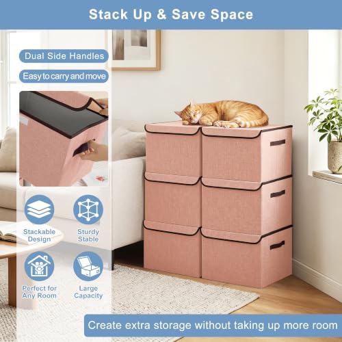 Bagnizer Linen Fabric Foldable Storage Cube Bin Organizer Basket with Flip-Top Lid & Handles, Large Clothes Blanket Box for Home, Office, Closet, Pink, 4 Pack 14.6 x 9.5 x 9.5” - Image 5