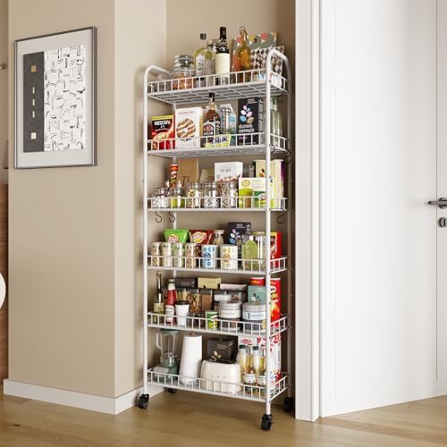 6 Tier Slim Rolling Storage Cart with Wheels, Metal Mobile Shelving Unit Organizer Utility Cart for Office Bathroom Kitchen Laundry Room Narrow Places (White 10 Inches) - Image 3