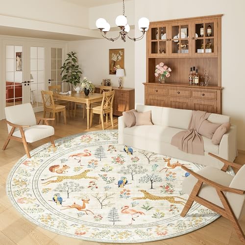 DUKINO 6ft Round Rug for Bedroom, Washable Soft Non Slip Circle Rug, Beige by DUKINO