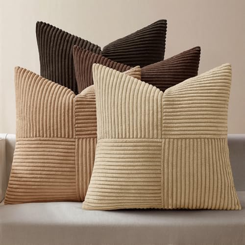 MIULEE Boho Decorative Throw Pillow Covers 18x18 Set of 4 Farmhouse Neutral Cushion Cases Gradient Corduroy Pillow Cases Modern Soft Corduroy Patchwork Home Decor for Couch Sofa Bedroom Dark Brown by MIULEE