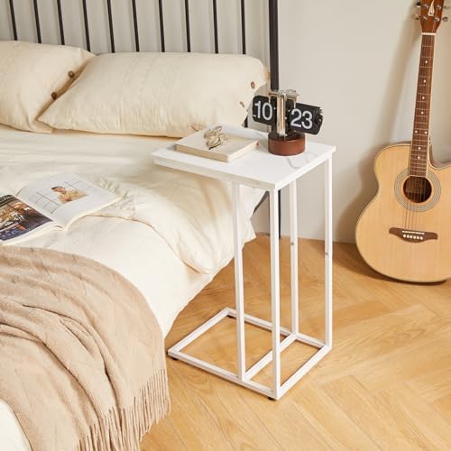 Aibiju C Shaped End Table Set of 2, Small Side Table for Sofa and Bed, White Bedside Table, Laptop Desk for Couch, 16x12x25 Inch, Faux Marble with White Frame YD-TM051W-2 - Image 5
