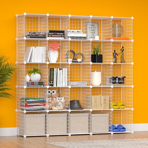 Cube Storage Organizer, Metal 25-Cube Shelves Bookshelf, Portable Closet Clothes Organizer for Bedroom, Home, Office, White - Image 5