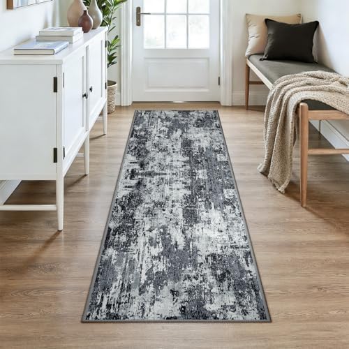 RELEANY Washable Runner 3'x7' Abstract Area Rug for Hallway Black White - Image 2