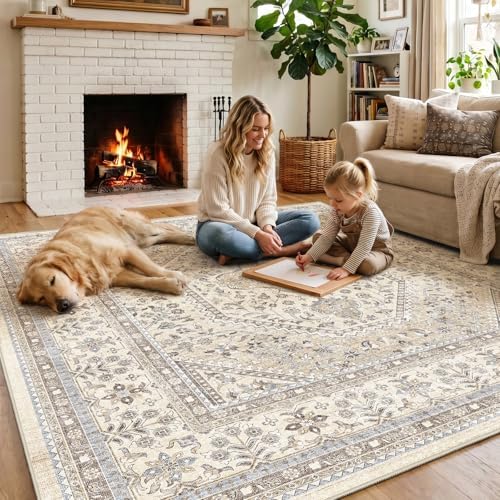 9x9 Square Washable Area Rug - Non-Slip Vintage Living Room Rugs Beige Gray by Puino