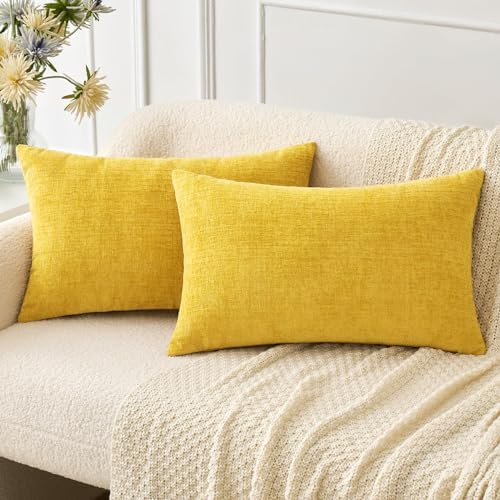 MIULEE Soft Chenille Lumbar Throw Pillow Covers Yellow 12x20 Pack of 2 by MIULEE