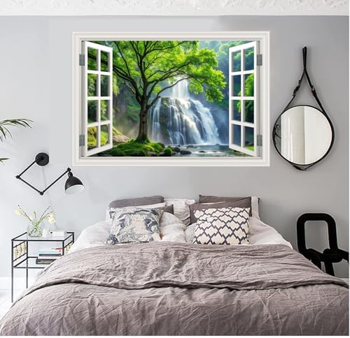 Fake Window Wall Decal- Rainforest Waterfall Tree Open Wall Art Sticker | Faux Window Mysterious Forest Natural Scenery Landscape Mural｜ Stick and Peel Wall Decals｜Room Bedroom Office Decor｜24"x16" - Image 5