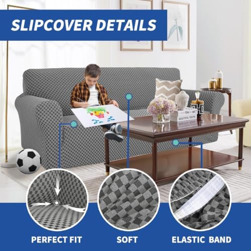 YEMYHOM Couch Cover Latest Jacquard Design High Stretch Sofa Covers for 3 Cushion Couch, Pet Dog Cat Proof Slipcover Non Slip Magic Elastic Furniture Protector (Large, Dark Gray Checkered) - Image 3