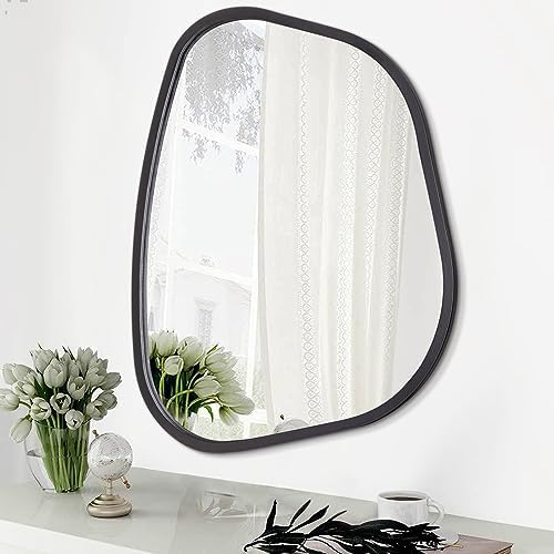 Black Asymmetrical Mirror Irregular Oval Wall Mirror Modern Wood Frame Unique Shape Wall Mounted Vanity Artistic Mirror Decorative for Living Room Bedroom Bathroom Entryway Large 16"x12" by HLFMVWE