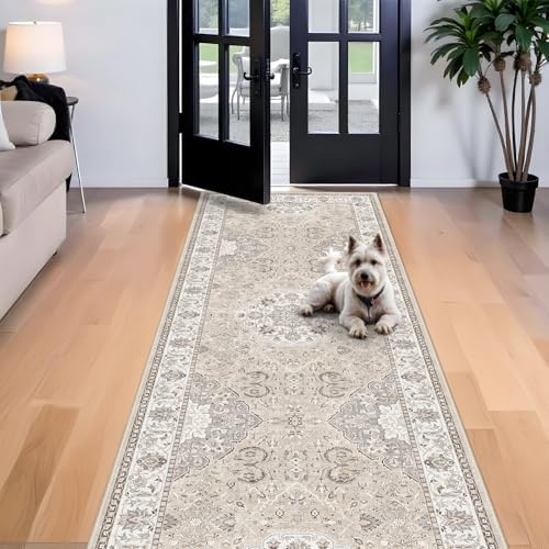 4x10 Hallway Wide Runner Rug: Washable Oriental Soft Area Rug for Living Room Bedroom Stain Resistant Low Pile Carpet for Entryway Ktichen Thin Non Slip Floor Mat for Bathroom Dining Room(Beige,4x10) - Image 2