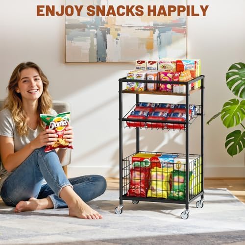 Fruit Vegetable Cart, 3-Tier Snack Cart on Wheels & Wood Top, Brown - Image 6