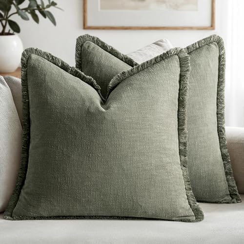 MIULEE Linen Fringe Decorative Throw Pillow Covers Light Olive Green 20x20 by MIULEE