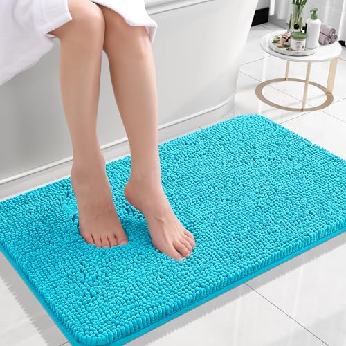 OLANLY Small Bathroom Rugs 24x16, Extra Soft Absorbent Chenille Bath Rugs, Rubber Backing Quick Dry, Machine Washable Bath Mats for Bathroom Floor, Tub and Shower, Home Decor Accessories, Aqua Sky by OLANLY