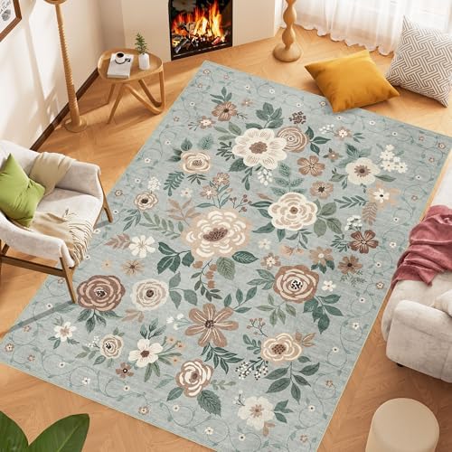 DUKINO 6x9 Area Rugs, Floral Washable Rug for Bedroom Non Slip, Sage Green - Image 3