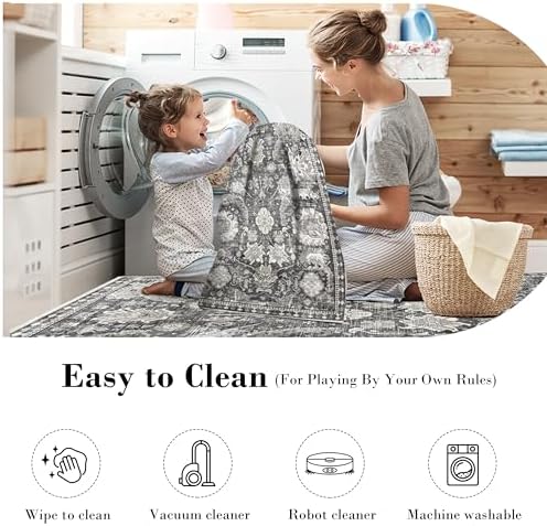 RUGSURE Washable Area Rugs - Perfect for Living Room, Bedroom, Kids Room, Nursery - Stain & Water Resistant Non-Slip, Pet & Child Friendly, Vintage Tribal Area Rugs (Grey, 2'6'' x 8') - Image 6