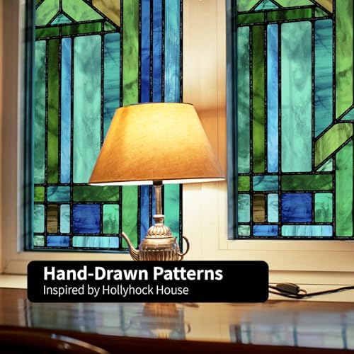 Original Hand Drawn Faux Stained Glass Window Film, Double-Sided Privacy Static Film, Cool Aqua Green Geometry Patterns Inspired by Hollyhock House, Peep Proof 16.93"X84.65" - Image 5