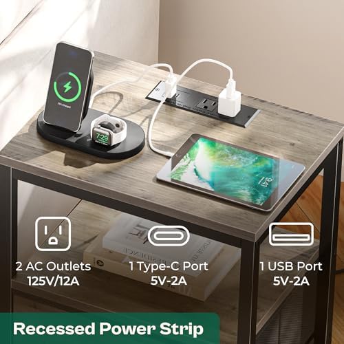 Huuger Nightstand with Charging Station, 27.6 Inch Bedside Table,Side Table - Image 4
