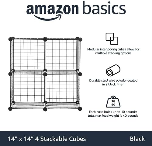 Amazon Basics 4 Cube Wire Grid Storage Organizer, Closet Organizer and Shelves, Stackable, Space-Saving, Easy to Assemble, 14"x14"x14", Black - Image 4