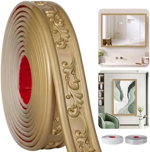 Peel and Stick PVC Crown Molding Trim, 16.4 Ft x 1.8" Flexible Self Adhesive Wall Trim, Decorative Molding Strip for Mirror Frame Baseboard Cabinet Home Decor (Champagne Gold) by TopZenMarketplace