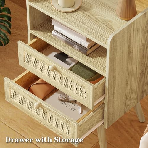 SUPERJARE Night Stand with Charger Station, Boho Rattan Nightstand Set of 2 - Image 5
