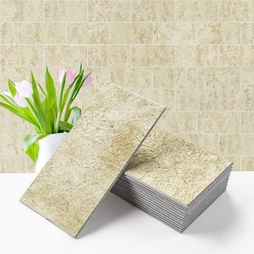 Vamos Tile 100-Piece Peel and Stick Backsplash Seamless Tile,3''x6'' Textured Beige Travertine with White Grout PVC Subway Tile,Stick on Backsplash for Kitchen/Bathroom/Laundry Room by VamosTile