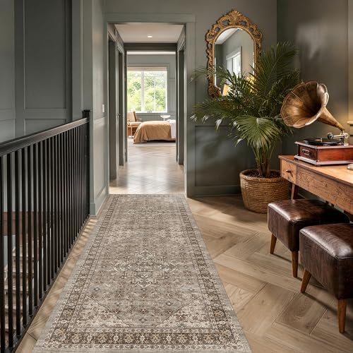 Washable 3x7 Entryway Runner Rug, Vintage Non-Slip Low Pile Rugs Brown by Winslssol