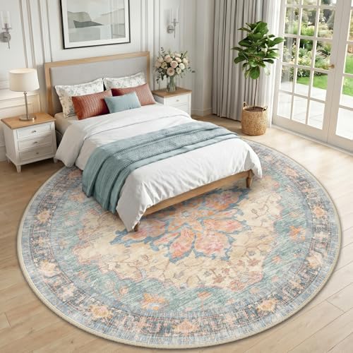 RELEANY Washable Area Rug, Round 10ft, Blue/Orange/Red - Image 2