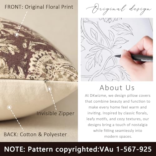 Vintage Floral Print Throw Pillow Covers 22x22 Set of 2 Neutral Modern Farmhouse Accent Decorative Cushion Covers Boho Home Decor for Couch Sofa Chair Bed Living Room, Oxblood - Image 3