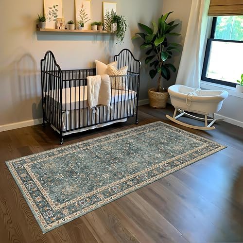 3x6 Washable Hallway Runner Rug, Non Slip Low Pile Vintage Rugs Green - Image 3