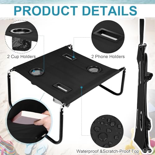 Portable Beach Table Foldable Pockets, Black, Solid Pattern - Image 5