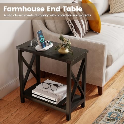 Hadulcet Farmhouse Side Table with Charging Station - Narrow Bedside Table for Small Space, Slim End Table, Rustic X-Design Nightstand for Living Room, Bedroom, Classic Black - Image 3