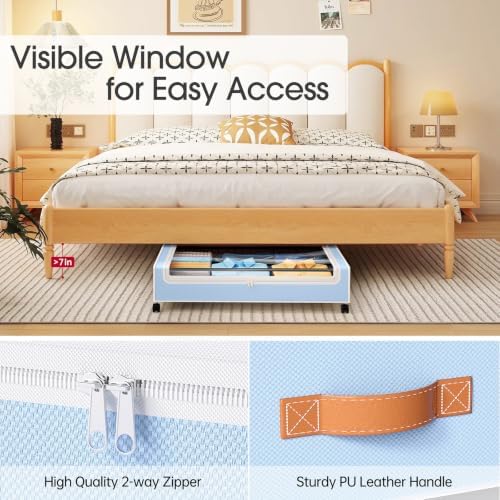 Yecaye Under Bed Storage with Wheels, 2 Pack Under Bed Storage Containers, 60L Underbed Shoe Storage with Clear Window & Label, Rolling Under Bed Metal Drawer for Clothes, Shoes, Books, Blankets, Blue - Image 5