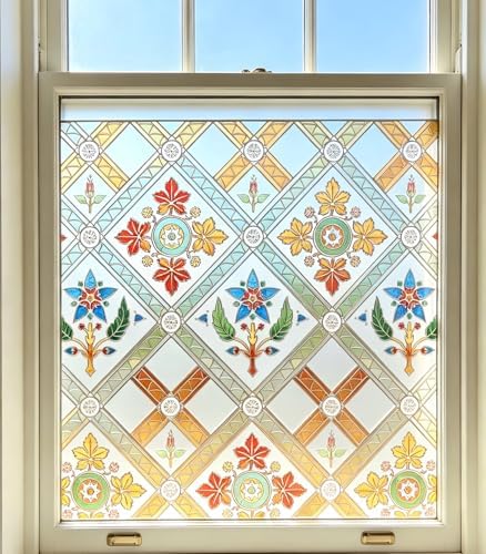 Coavas Stained Glass Window Film Decorative Privacy Cling for Home Bathroom & Front Door, 3D Floral Design, UV Blocking, Heat Control, Non-Adhesive, Reusable, Yellow, 17.5" x 39.4" by Coavas