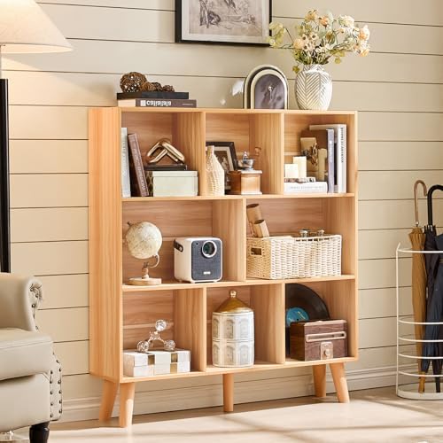 LEYAOYAO 8 Cube Bookshelf, Mid-Century Modern Book Shelf with Legs, Natural - Image 3