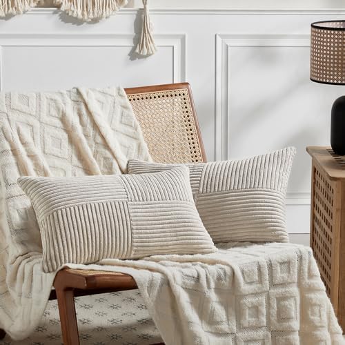 Fancy Homi 2 Packs Neutral Taupe Lumbar Decorative Throw Pillow Covers 16x32 Inch for Living Room Couch Bed Sofa, Farmhouse Home Decor, Soft Striped Corduroy Rectangle Accent Cushion Case 40x80 cm by Fancy+Homi